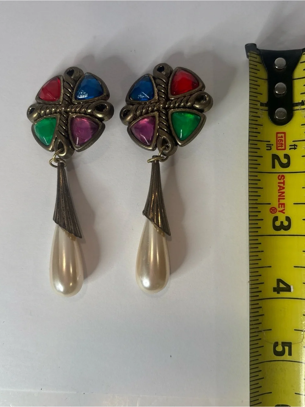 80s Glam Bold Clip-On Earrings‎ Retro Multi-Color Gem & Pearl Dangle